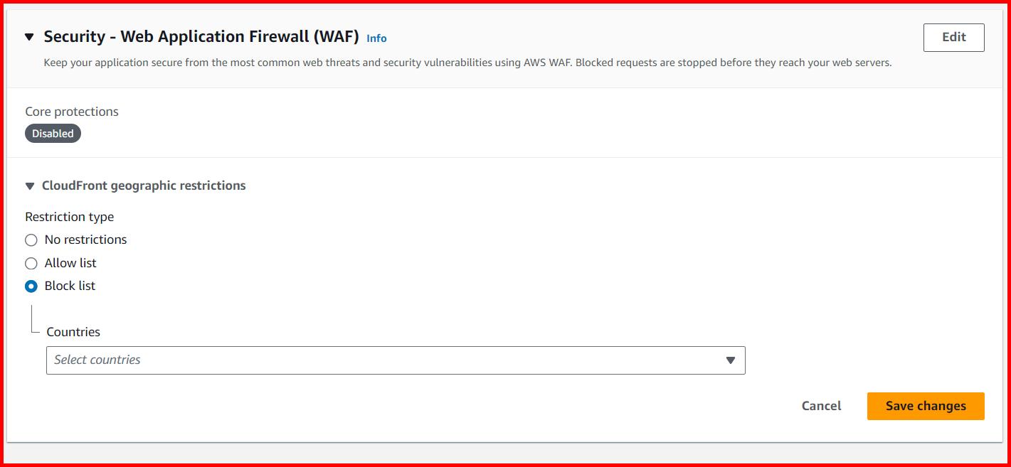 Picture showing the option to edit the country in CloudFront geographic restrictions section in cloudfront